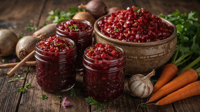 Homemade spicy beet, carrot, onion, and garlic relish presented in jars and a bowl with fresh vegetables on a wooden tabletop.