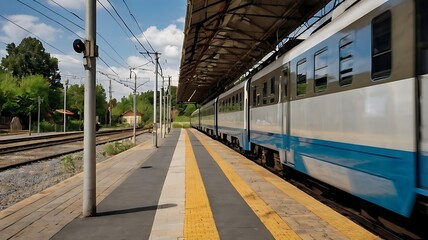 A train is stopped at a station with yellow stripes on the platform under a metal covering structure