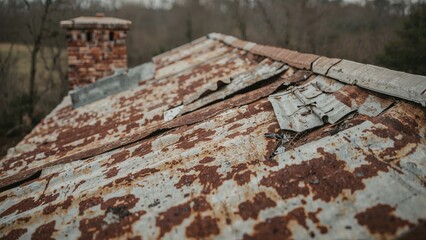Rusty metal sheet roof and aged chimney structure on a building, textured old metal roofing, close-up selective focus.