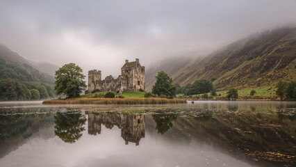 Perspective of a historic stronghold along the edge of a vast loch
