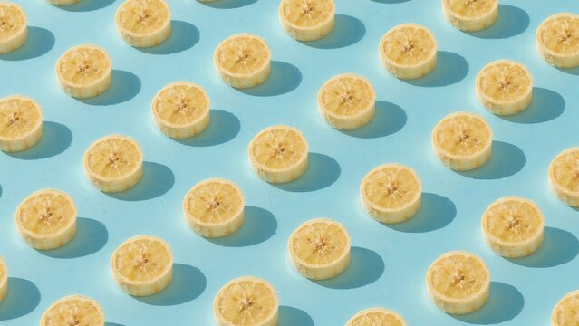 Fototapeta Contemporary summer motif with fresh banana slices arranged on a bright sky-blue surface. Clean summer style.