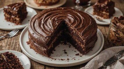 Chopped chocolate cake pieces accompanied by cutlery laid on a wooden table