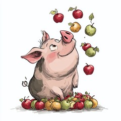 A Hungry Pig Indulges in a Fruitful Feast Adorable Portrait Captures the Exhilarating Moment of a Pig Bobbing