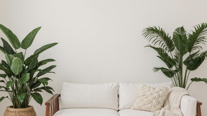 Spacious living room with wooden decor, an empty wall for messages, a white lounge sofa, and a knotted pillow