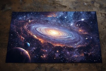 Spiral Galaxy Artwork on Wooden Table, Space Exploration Poster