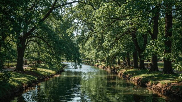 Creek running amid dense foliage in a recreational area