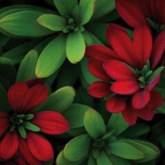 Obraz premium Red and green flowers close-up, garden background, vibrant color, nature texture, design element