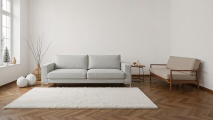 Expansive living area showcasing a gray settee and modern furnishings