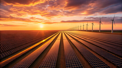 Fototapeta premium “Solar Panels and Wind Turbines at Sunset – Renewable Energy Landscape with Golden Sky”