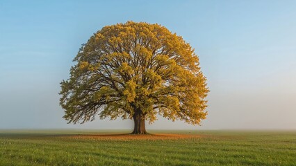 In a green pasture under a mist-filled morning, a single oak tree with bright yellow leaves creates a stunning contrast.