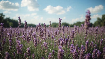 Blooming purple lavender spreading across a park landscape