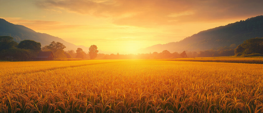 AI generator images of rice field sunrise background, rural rice farming, Paddy rice field lifestyle, Travel and landscape concept. Nature Sunrise, rice fields, landscape
