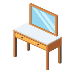Isometric Illustration of a Wooden Dressing Table with Mirror