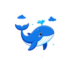 Obraz premium A cute cartoon blue whale character spouting water from its blowhole. Happy marine animal mascot vector illustration isolated on white background.