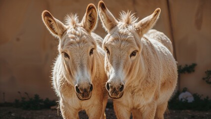 Happy cream-toned donkeys showing bright smiles together.