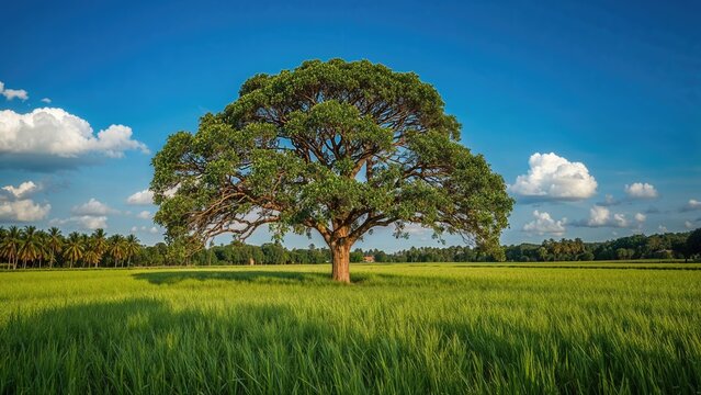 Fototapeta Solitary tree surrounded by vast rice cultivation