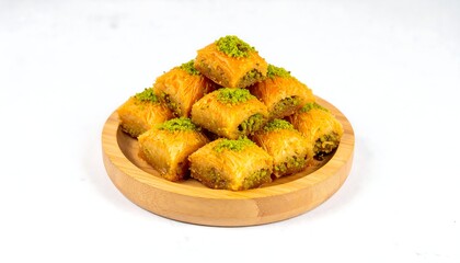 Stacked Baklava Pieces on Wooden Plate, Close-up View