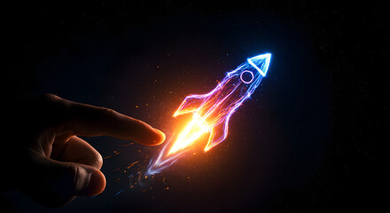 Illuminating the Launch: A Finger Igniting the Rocket of Innovation and Dreams Across the Cosmos of Possibilities Sparking with Energy and Futuristic Aspirations