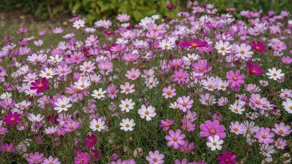 Naklejka premium Garden Scene Featuring Cosmos Flowers in Bloom