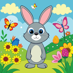 Fototapeta premium The Easter bunny with festive flowers and vibrant eggs is a classic symbol of the holiday