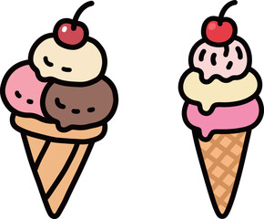 Cute cartoon ice cream cones with different scoops and cherry on top, summer dessert vector illustration
