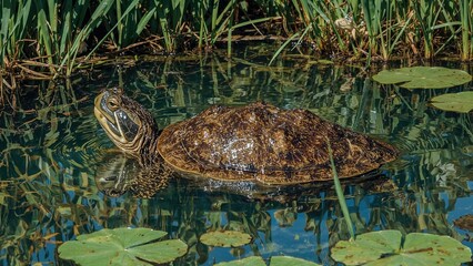 Aquatic turtle beside a miniature pond
