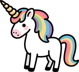 Cute cartoon unicorn character with rainbow mane and horn, magical animal illustration