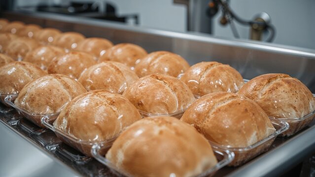 Conveyor system carrying uniformly halved hamburger rolls, neatly arranged for distribution.