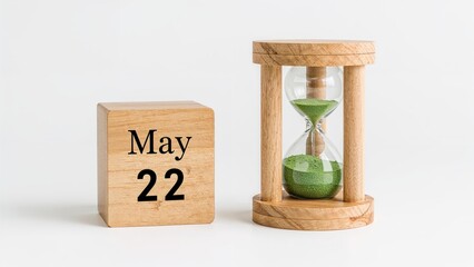 Artistic depiction of time with a wooden cube displaying date details and a green sand hourglass for the 22nd day of the month.