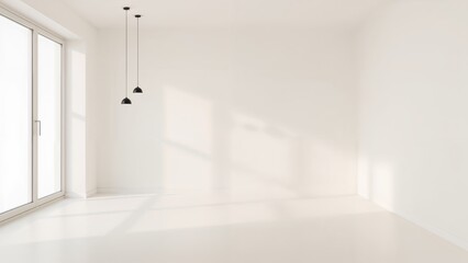 Minimalist bare room with cream-colored walls and unique lighting setup for digital staging. Bedroom space highlighted by windows and overhead pendant lights.