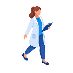 Faceless female doctor with a ponytail in a lab coat walking purposefully with a clipboard.