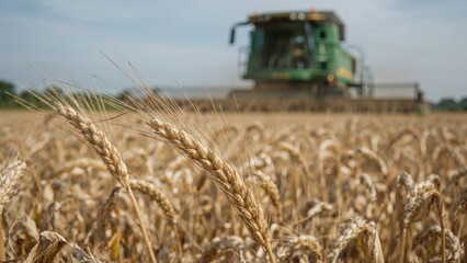 Detailed View of Wheat Heads Amidst Active Harvesting Machinery on Agricultural Land