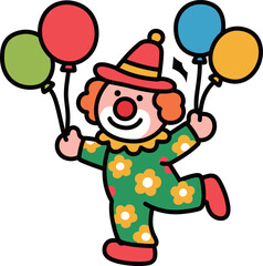 Cute cartoon clown character with balloons, happy circus entertainer in costume vector illustration