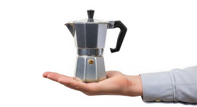 Italian moka pot espresso maker on hand isolated on transparent background