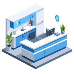 Modern blue and white reception desk and office furniture in a clean isometric vector illustration.