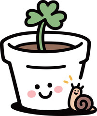 Cute cartoon clover plant with a snail in a pot, adorable gardening and lucky charm illustration