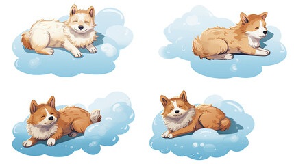 Set of cute sleeping dogs on cloud isolated on white background