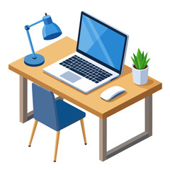 Isometric vector illustration of a modern workspace with a laptop, lamp, and plant on a wooden desk.