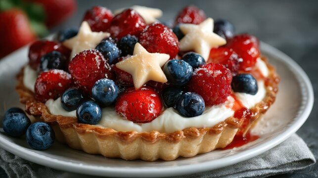 This appetizing berry tart is artfully decorated with fresh strawberries, blueberries, and star-shaped toppings, evoking a sense of festivity and delicious indulgence. - Powered by Adobe