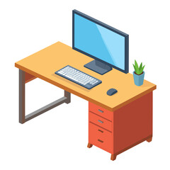 Colorful Isometric Office Desk with Computer, Keyboard, and Mouse