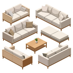 Isometric collection of modern living room furniture with beige sofas, an ottoman, and a wooden coffee table.