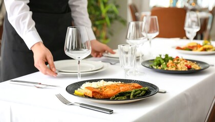 A waiter places a plate of cooked salmon with asparagus and rice on a formal dining table.