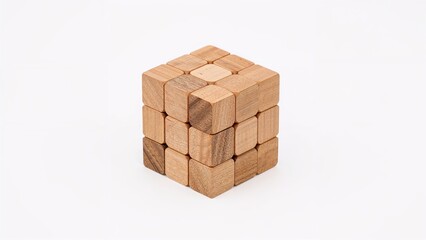 Isolated wooden puzzle cubes on a white surface, shot closely with a subtle blur, space for copy.