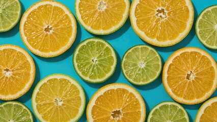 Obraz premium Arrangement of sliced citrus fruits on a vibrant backdrop, viewed from above