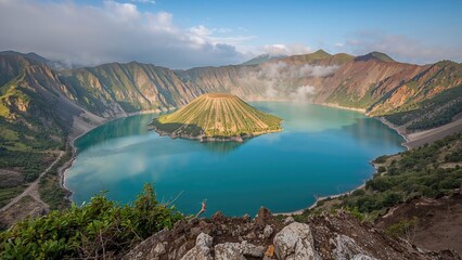 Scenic Crater Lake within a Volcanic Landscape