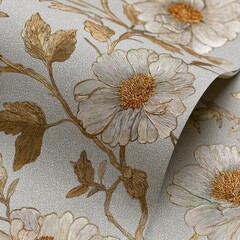 Elegant floral wallpaper, cream, gold accents. Interior design