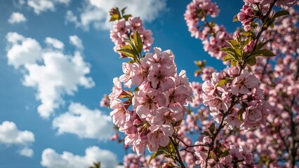 Scented crabapple blossoms thrive in partial shadow under a vivid blue background