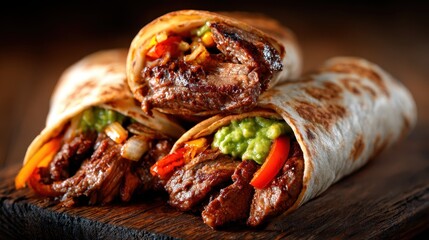 Savor these delicious beef burritos, brimming with flavorful ingredients like vegetables and guacamole, making each bite a delightful experience for your taste buds.