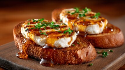 This image captures grilled goat cheese on toast, drizzled with honey and garnished with thyme, showcasing a delightful combination of savory and sweet flavors.
