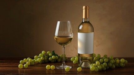 Fototapeta premium Dimly lit scene of a white wine bottle and glass with blank label against grapes